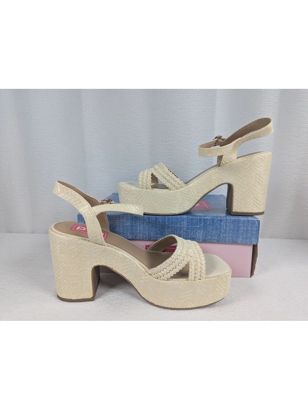 pop Applaud - Natural Woven Sandals - Chunky Platform Heel - Size 9.5M